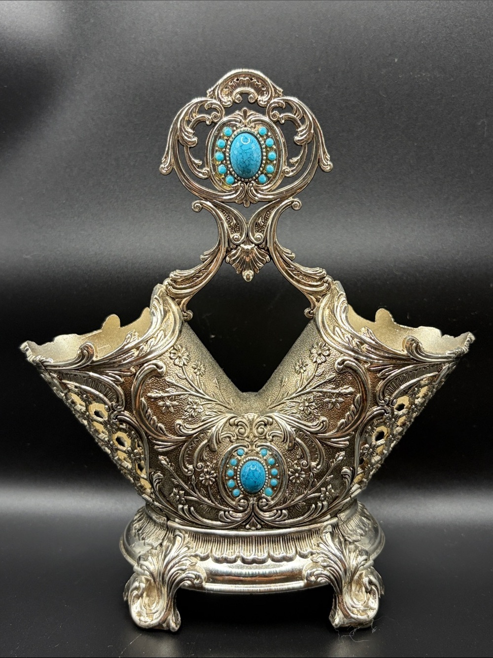 Vintage Silver Tn Metal Costume Turquoise Cabochon Ornate Flatware Caddy Holder